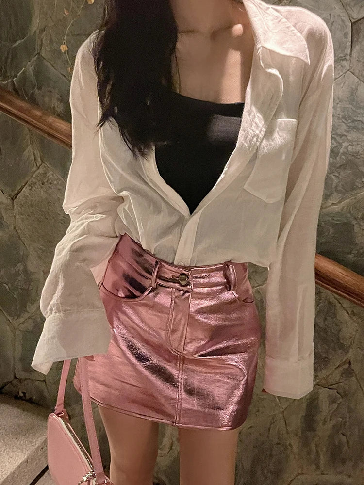 Pink Silver Reflective Shiny Leather Mini Skirts
