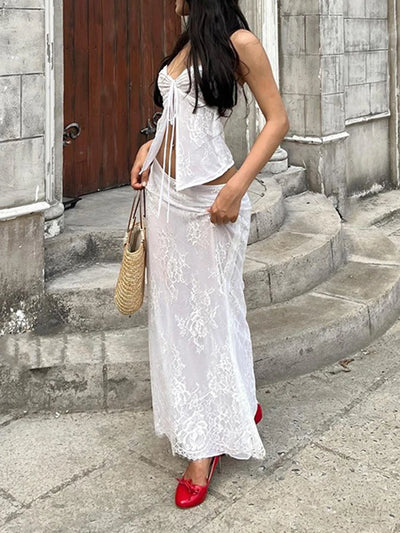Fairycore Lace Strapless Top & Maxi Skirt Two Piece Set