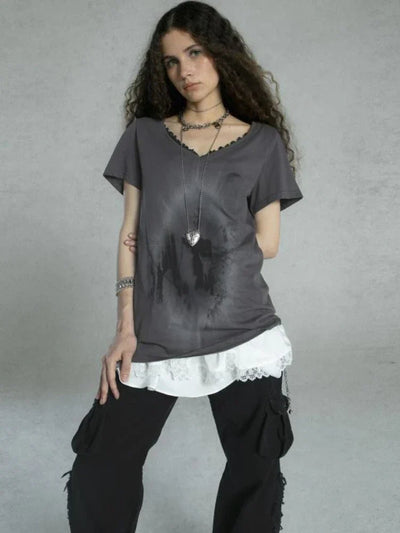 Vintage-Spitze-Patchwork-Grunge-Punk-T-Shirt