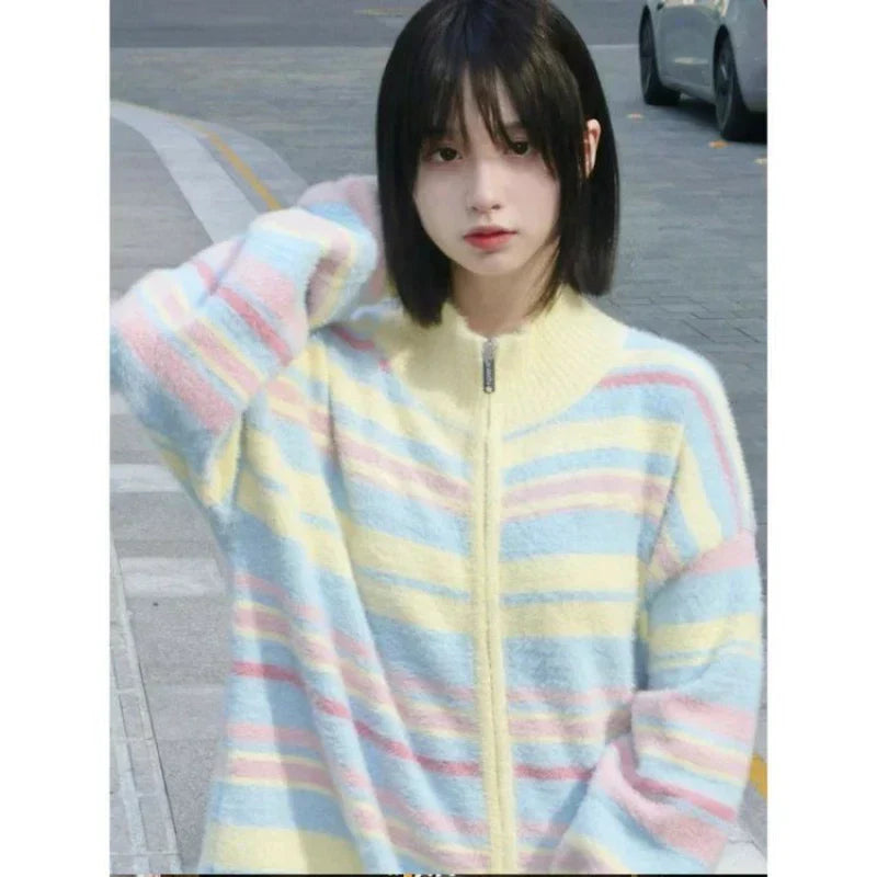 Suéter de cremallera a rayas estilo "Soft Girl"