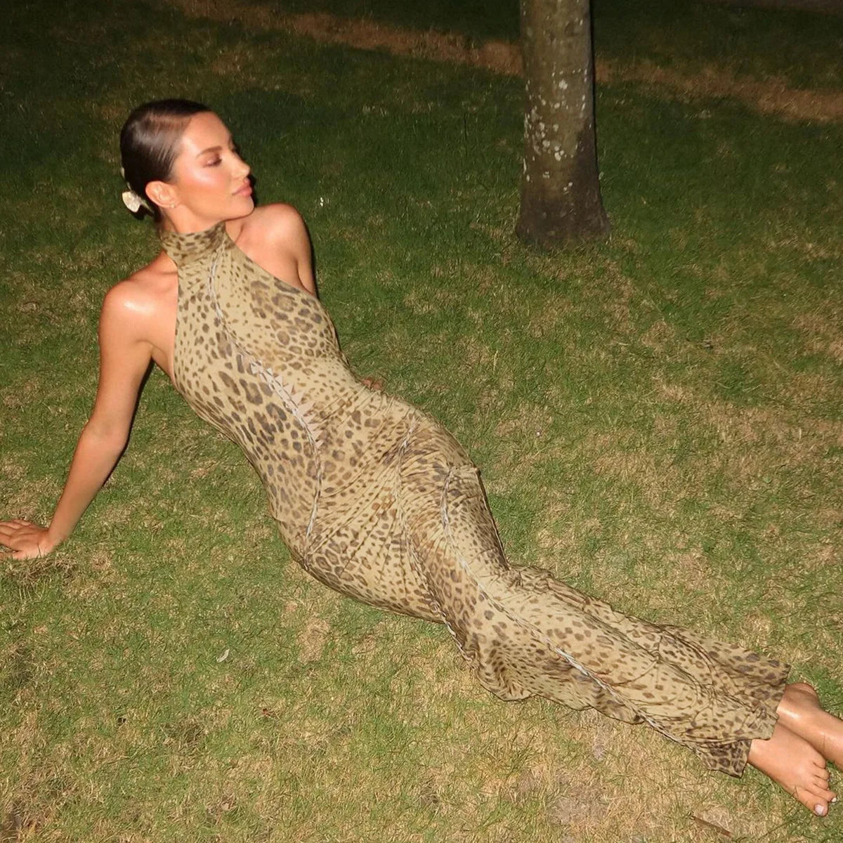Sultry Leopard Backless Maxi Dress