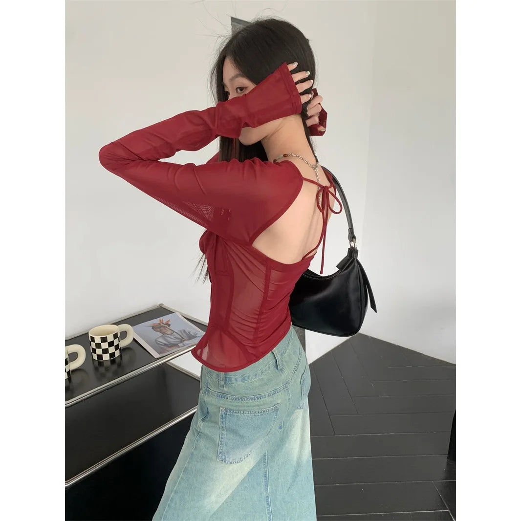 Red Wine Sqaure Neck Mesh Long Sleeve Top