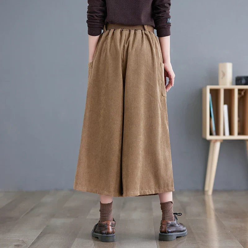 Pantalones Anchos a Media Pierna de Pana Estilo Coreano