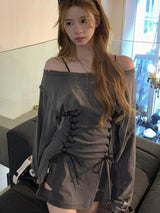 Slash Neck Acubi Smoke Lace Up Mini Dress
