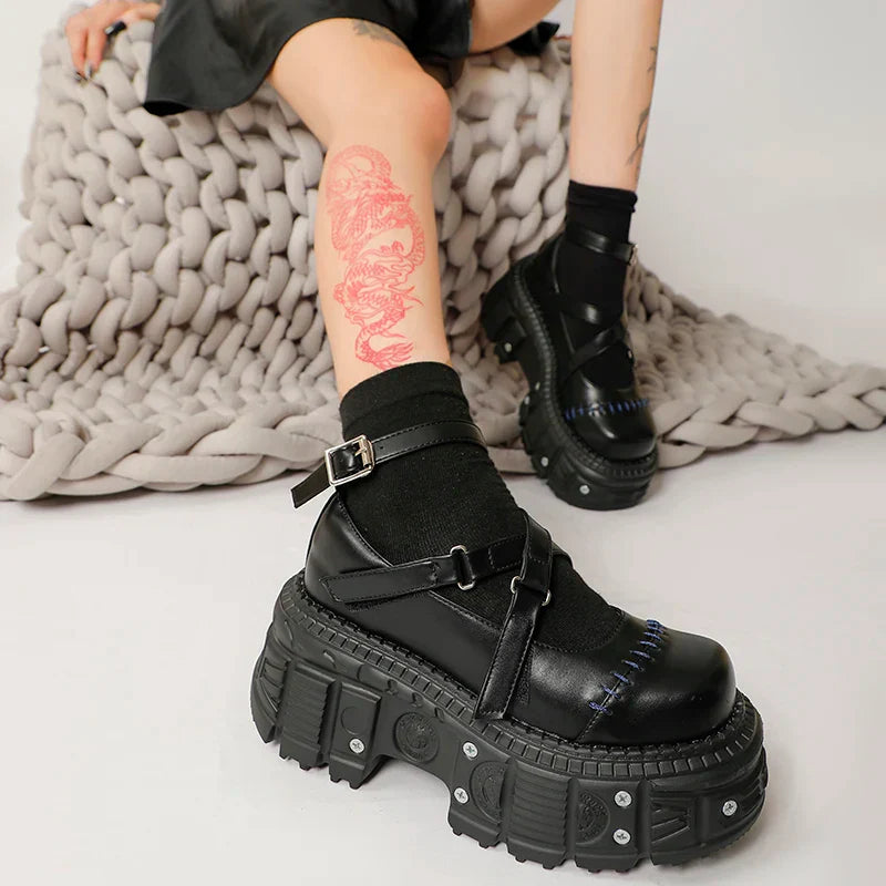 Cross Belt Black Leather Platform Shoes