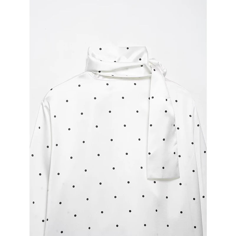 Scarf Style Collar Polka Dot Satin Blouse