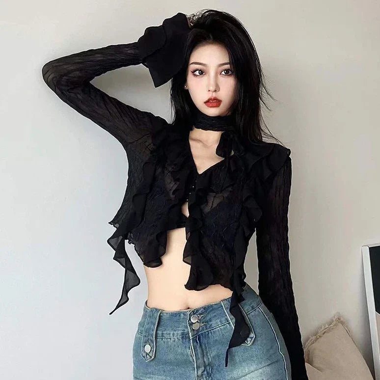 Grunge Black Women's Ruffled Blouse