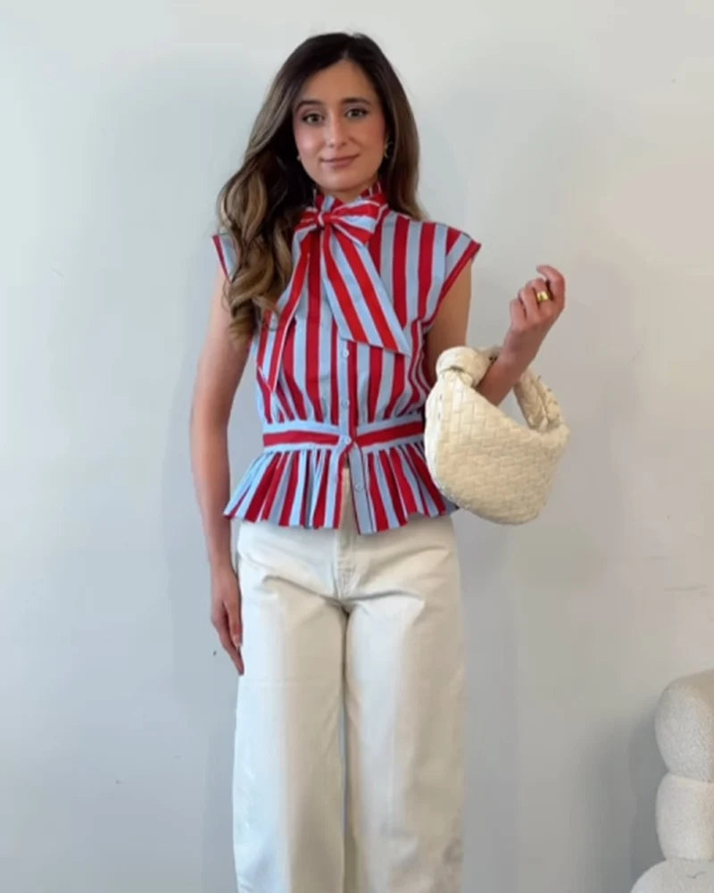 Old Money Bowknot Stripped Sleeveless Shirt