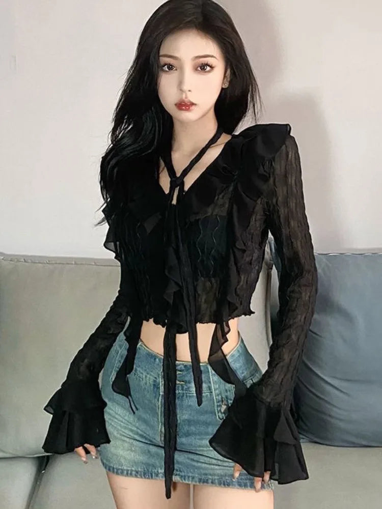 Grunge Black Women's Ruffled Blouse