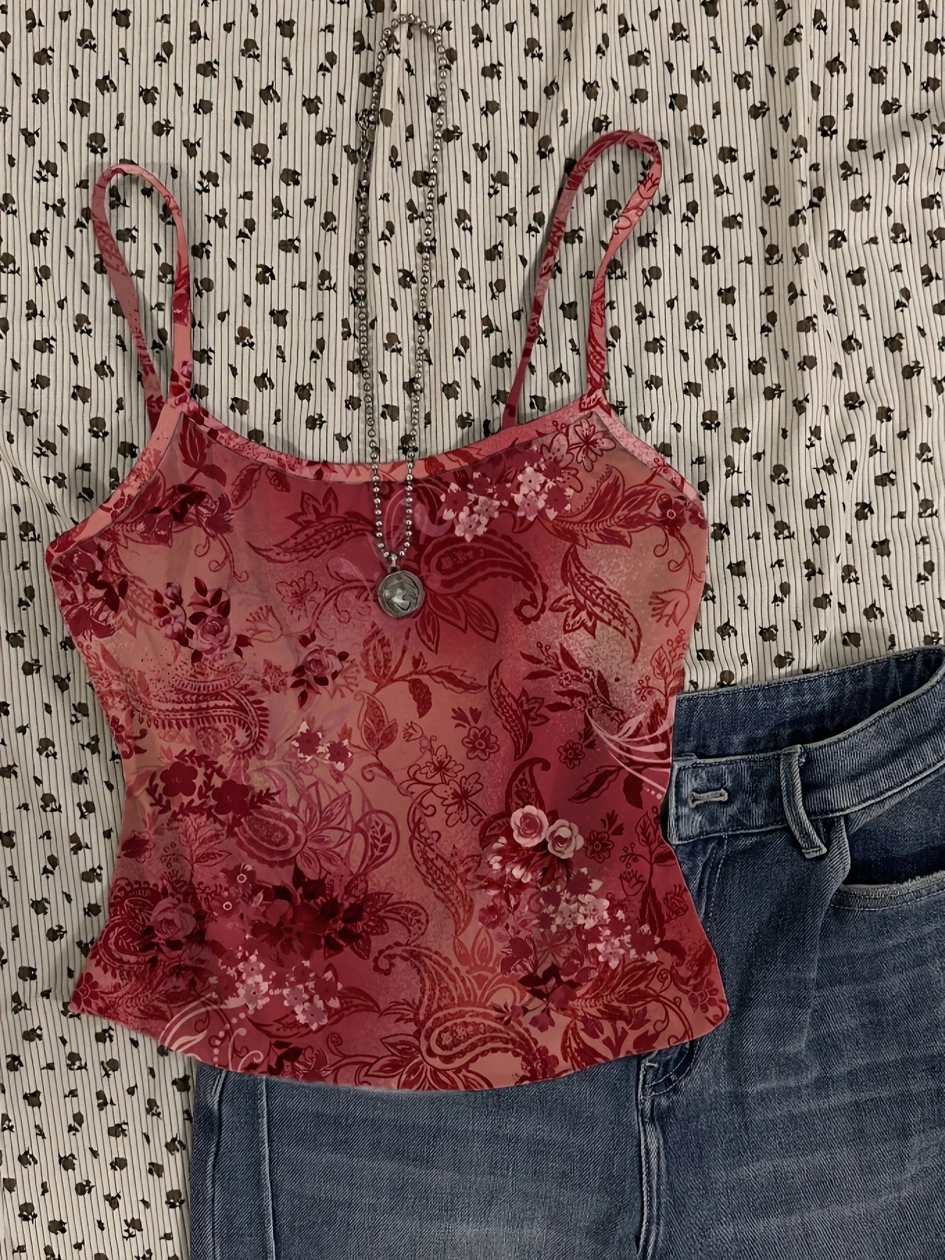 Y2K Red Floral Sheer Cami Crop Top