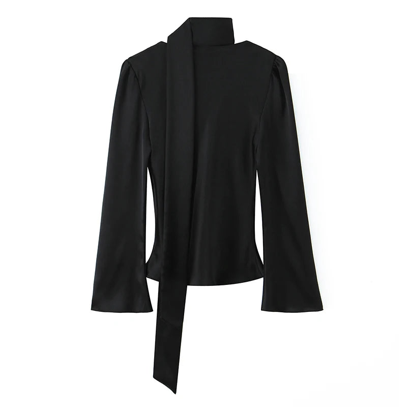 Long Sleeve V Neck With Scarf Satin Shirt