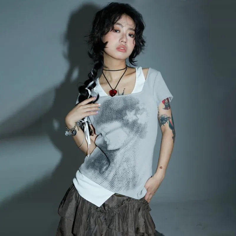 Camiseta vintage de dos piezas con estampado de retazos grunge