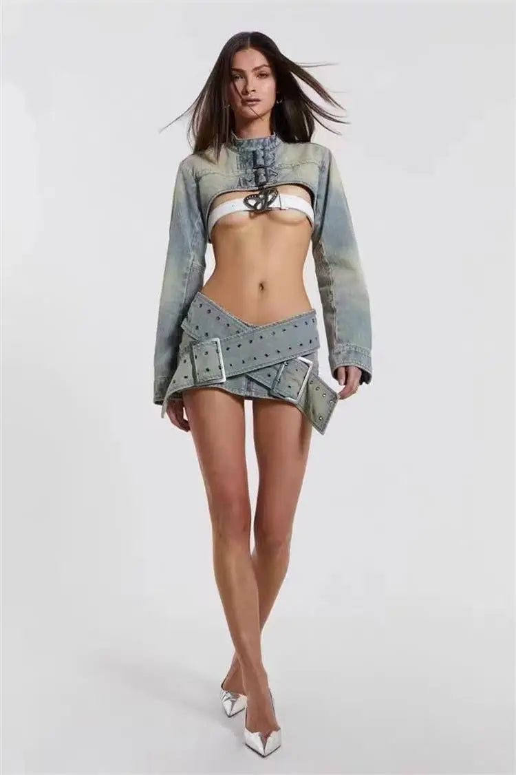 Faux Leather Cross Belt Mini Skirt