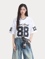 Contrast Paneled Letter Patch Embroidered T-Shirt