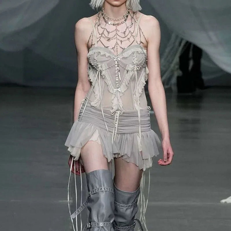 Fairycore Ruffled Mesh Corset Top And Skirt