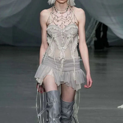 Fairycore Ruffled Mesh Corset Top And Skirt