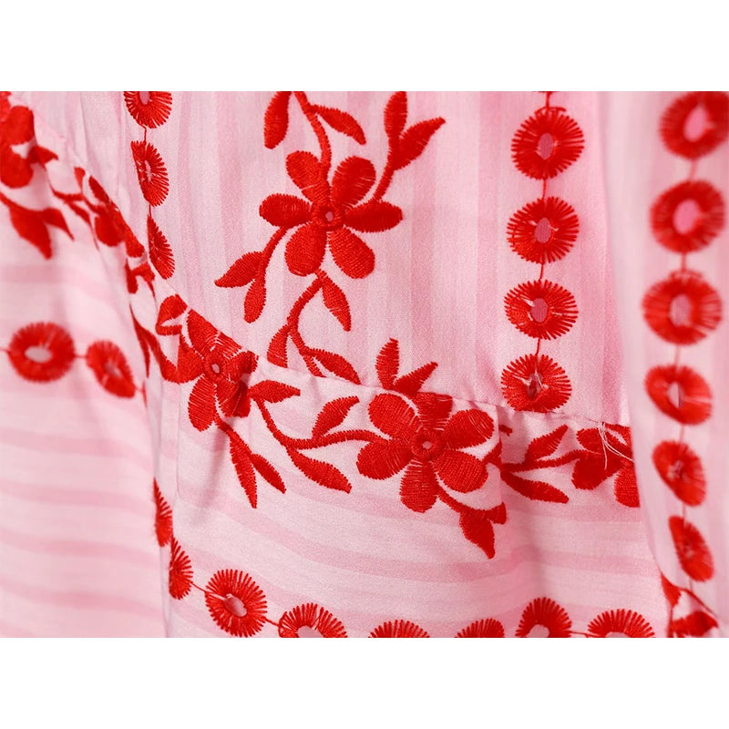 Pink Floral Embroidery Hollow Out Midi Dress
