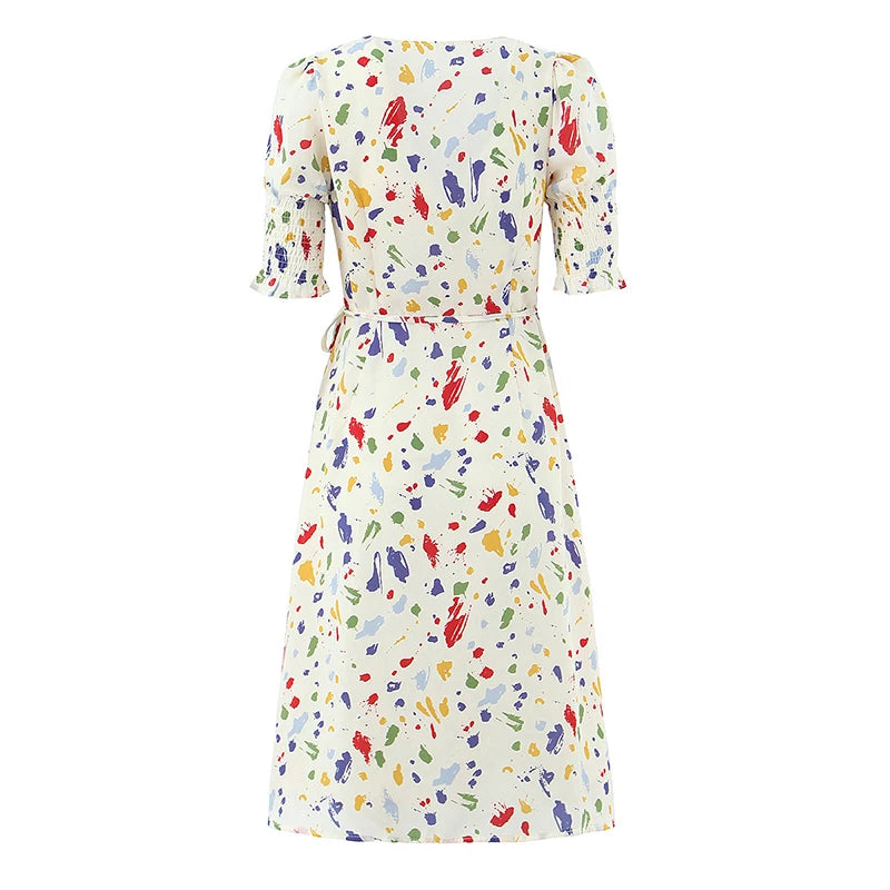 Colorful Paint V Neck  French Wrap Dress