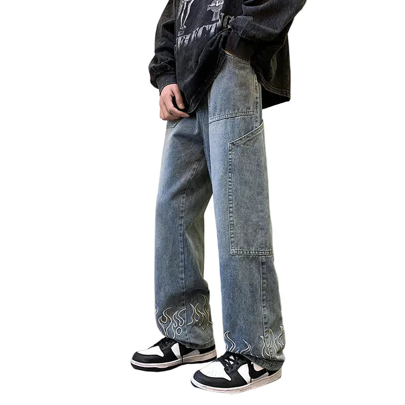 Flame Print Baggy Wide Leg Jeans