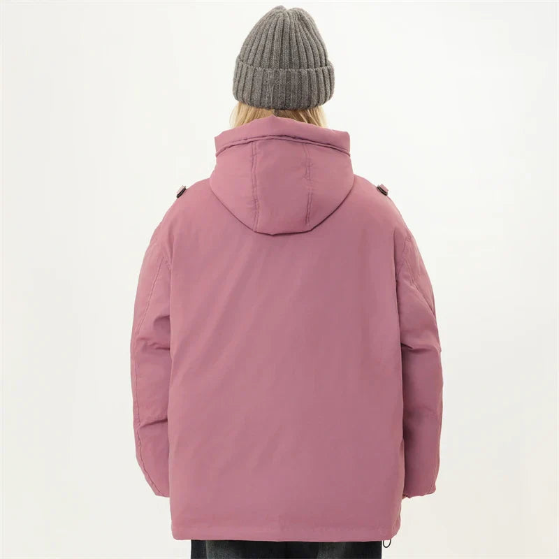 Front Pockets Hooded Pink Parka Jacket