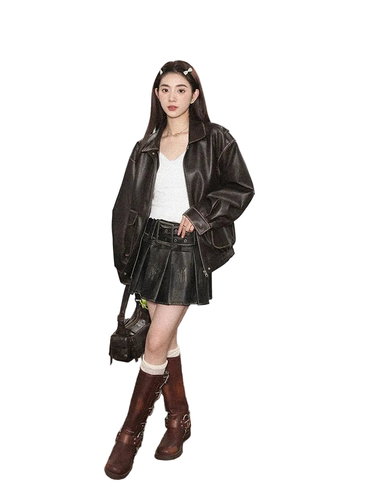 Pleated Faux Belt Short Mini Leather Skirt