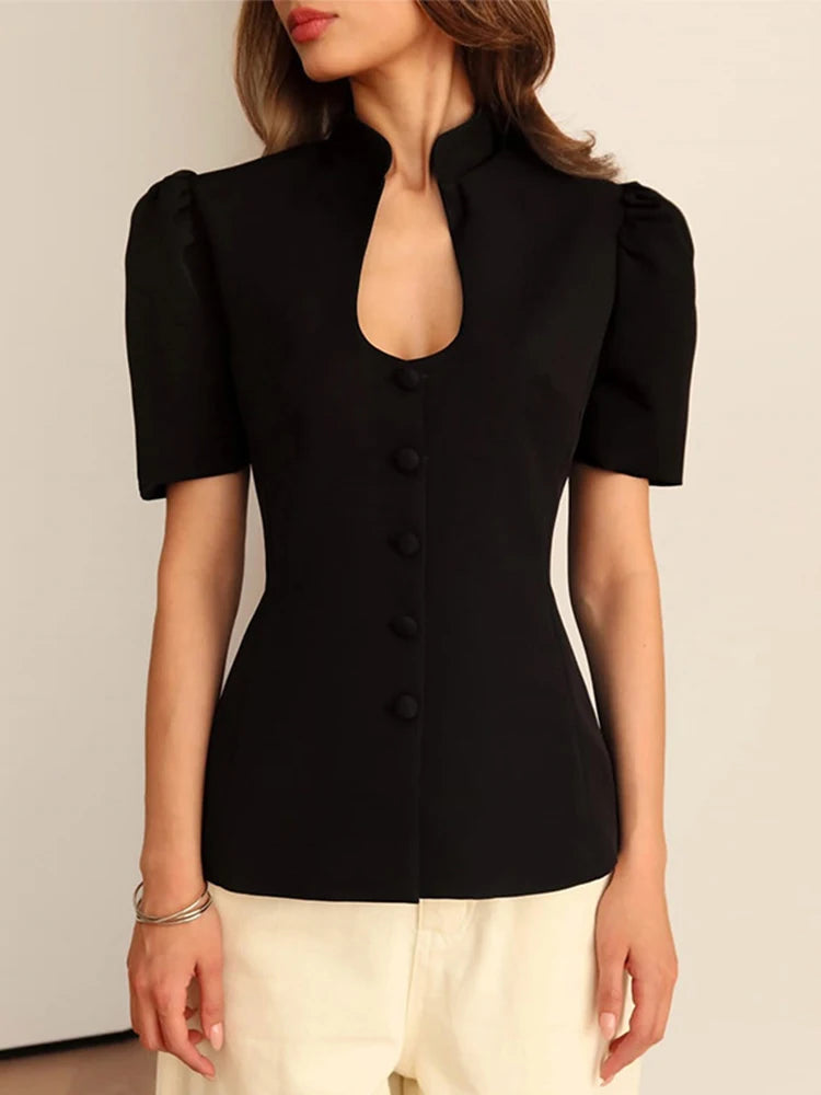 Solid Stand Collar Slim Blazer