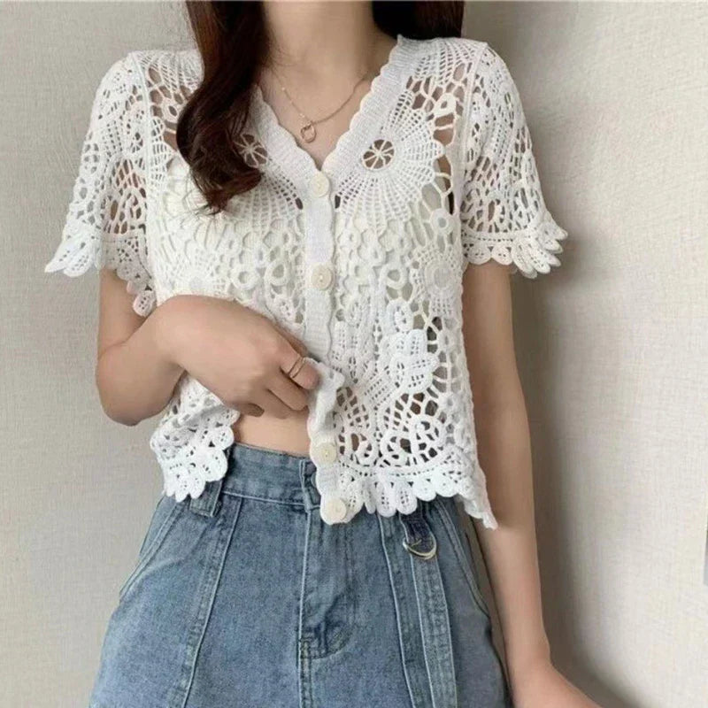 Y2K Handmade Crochet Knitted V-Neck Cardigan