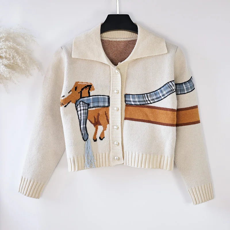 Y2K Cozy Chic Puppy Pattern Knit Cardigan