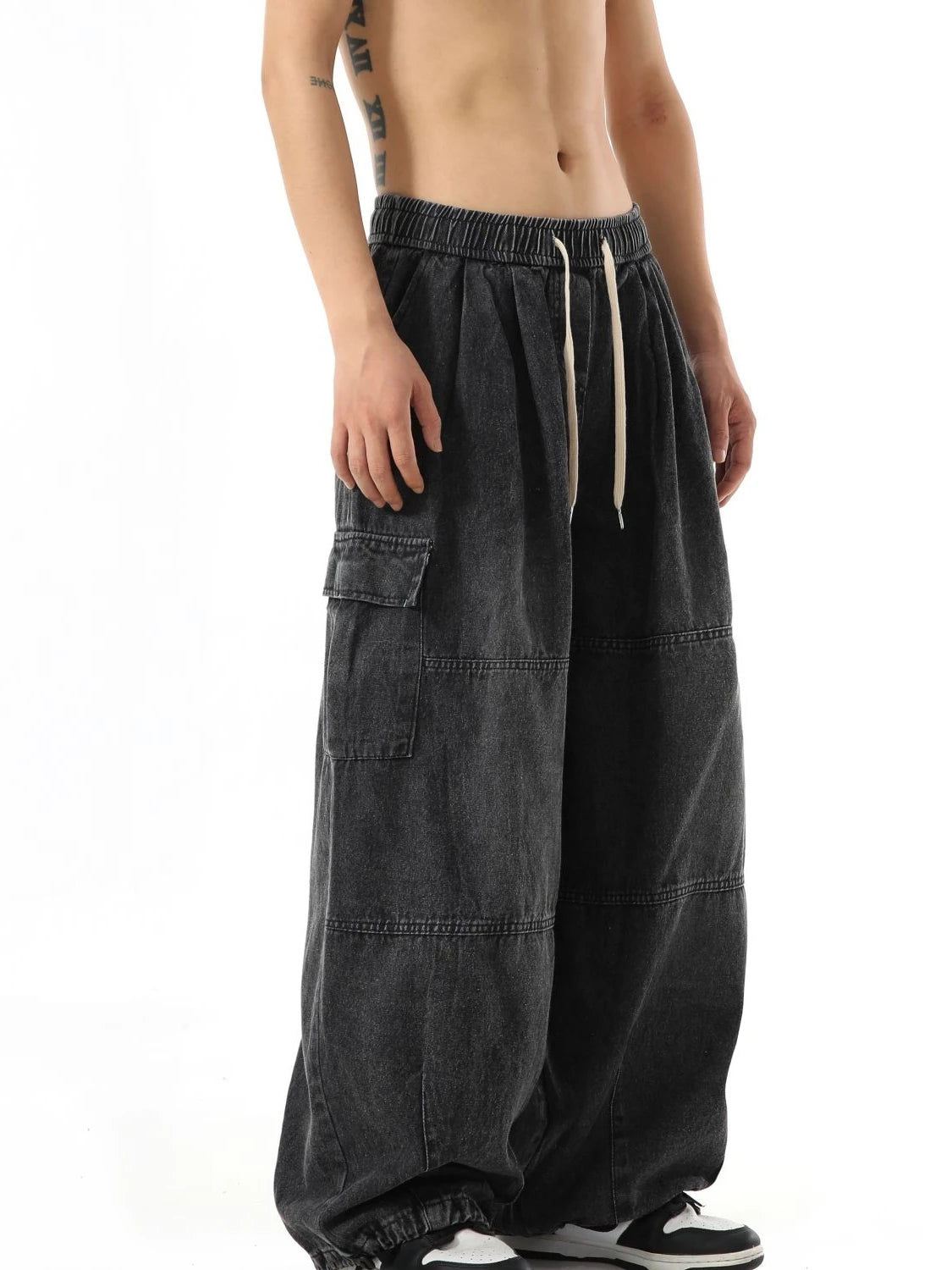 Drawstring Faded Wide Leg Cargo Jeans