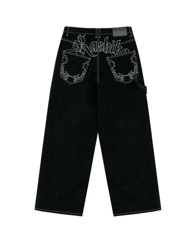 Bestickte Baggy Loose Straight Jeans