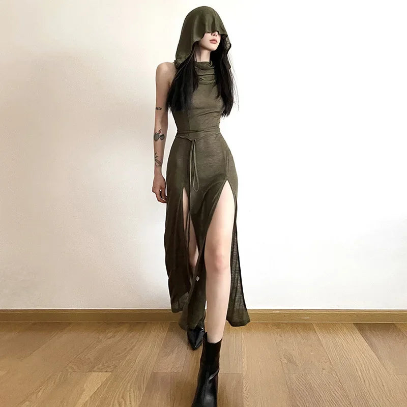 Gothic Hooded Cut Out Maxi Dress