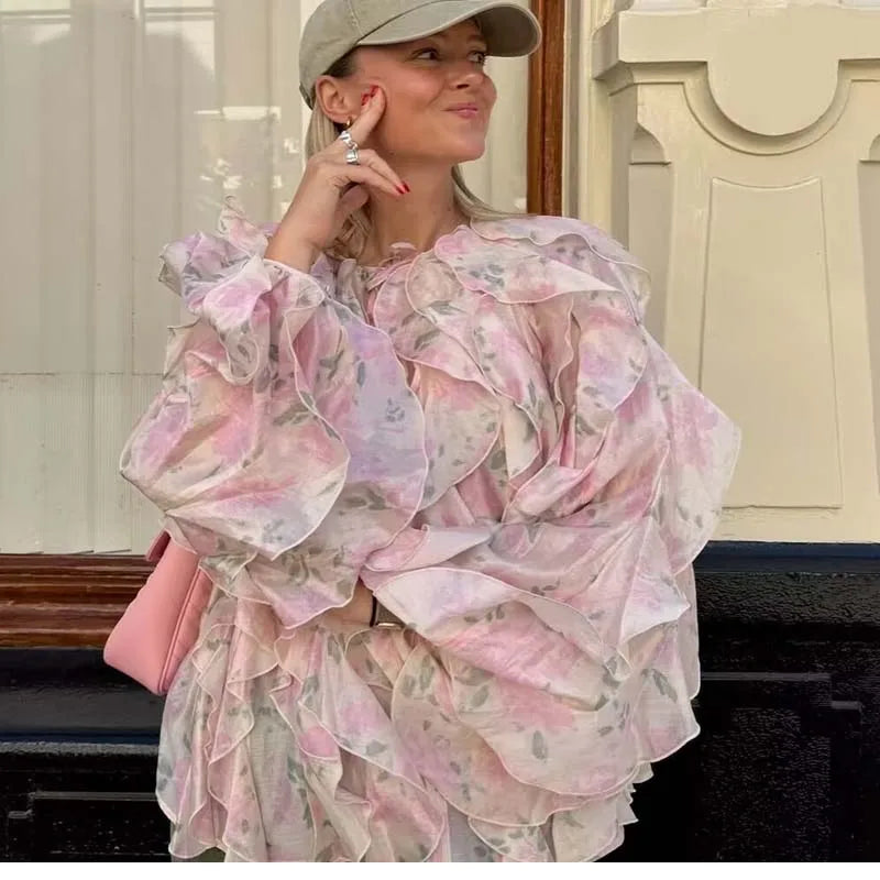 Elegant Floral Print Chiffon Pink Blouse