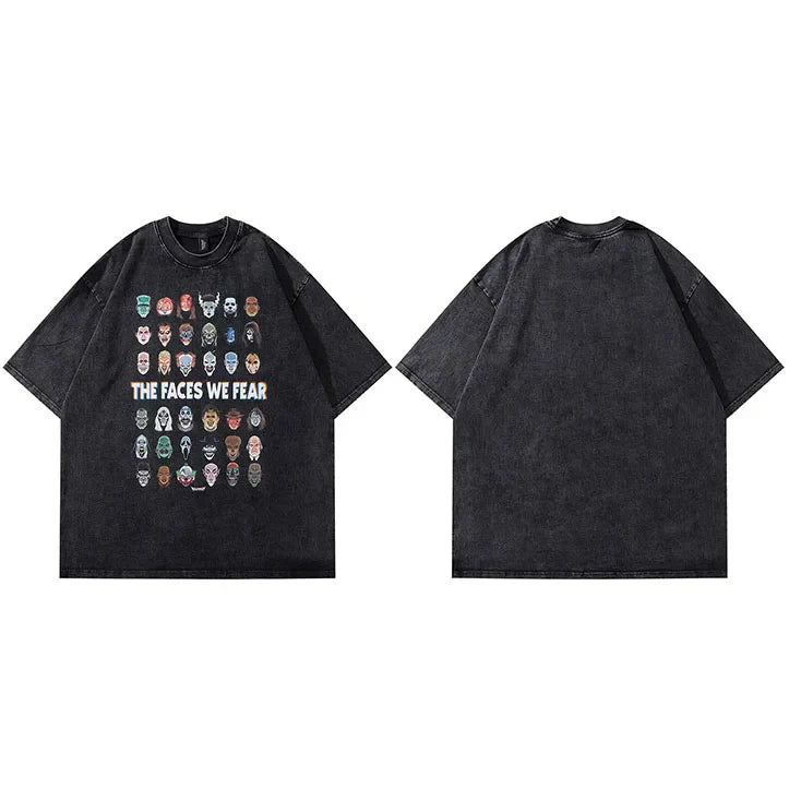 T-Shirt "Gruselige Gesichter" Washed Black