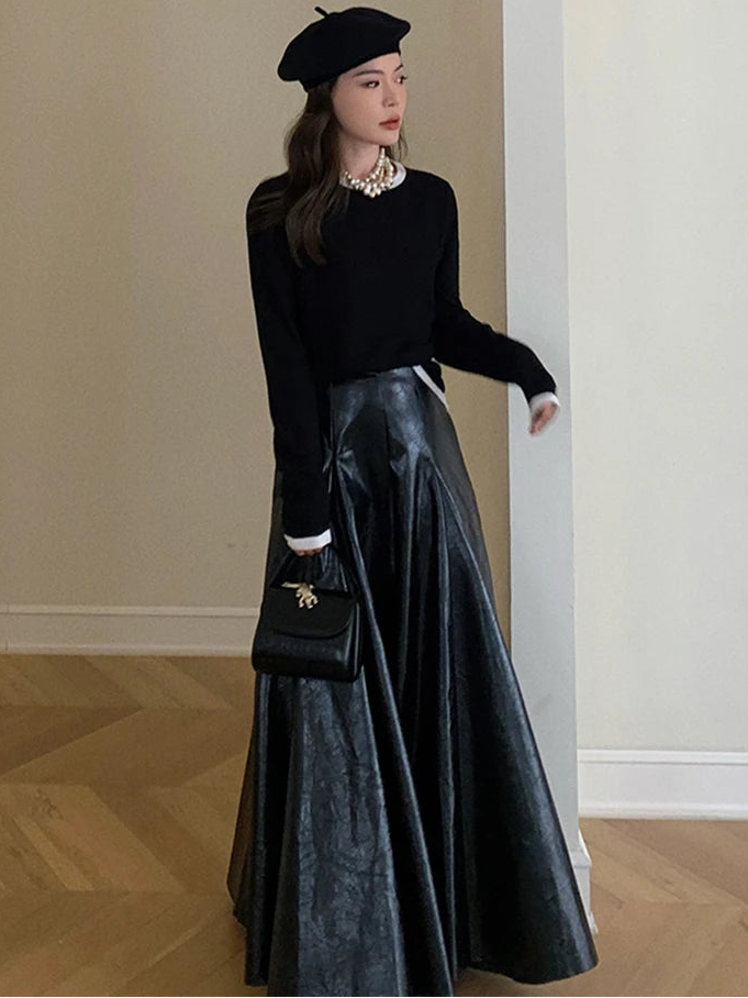 High Waist Chic Black Shiny Pleated Maxi Skirt