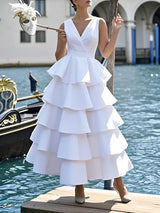 Tiered Layered V-neck White Boho Midi Dress