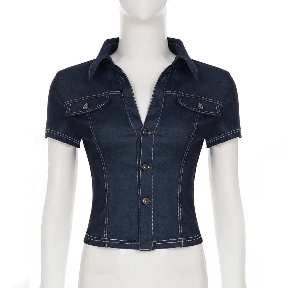 Old Money Retro Cropped Denim Shirt