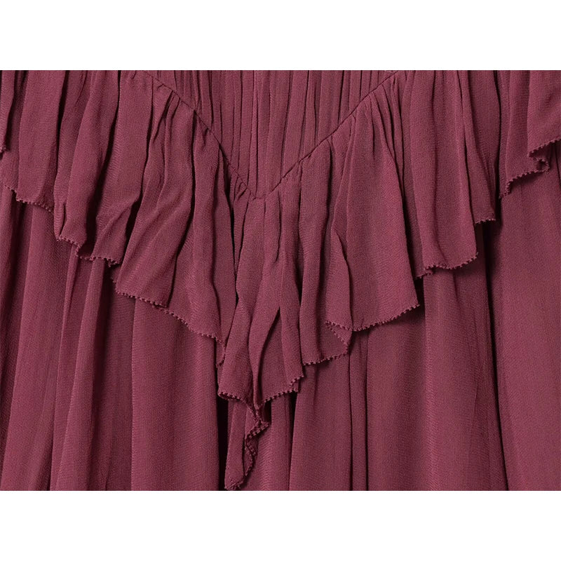 Women Wine Red Ruffle Chiffon Blouse