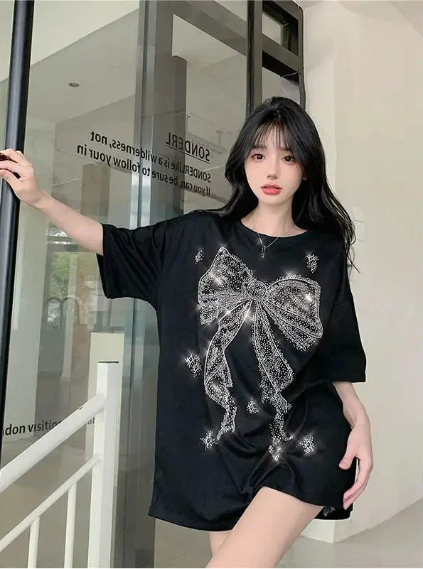 Diamond Bow Shiny Round Neck T-Shirt