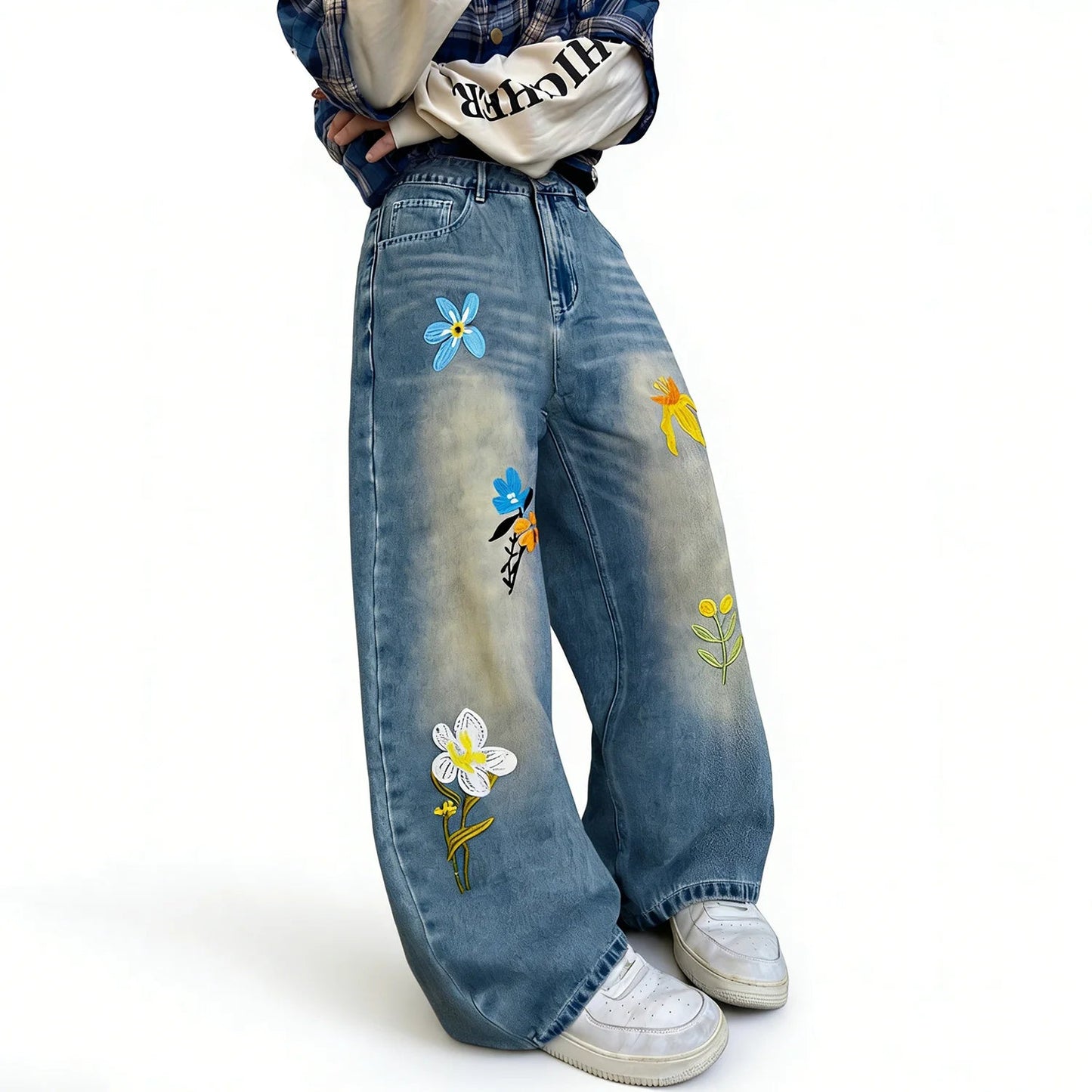 Embroidery Flower Straight Leg Jeans