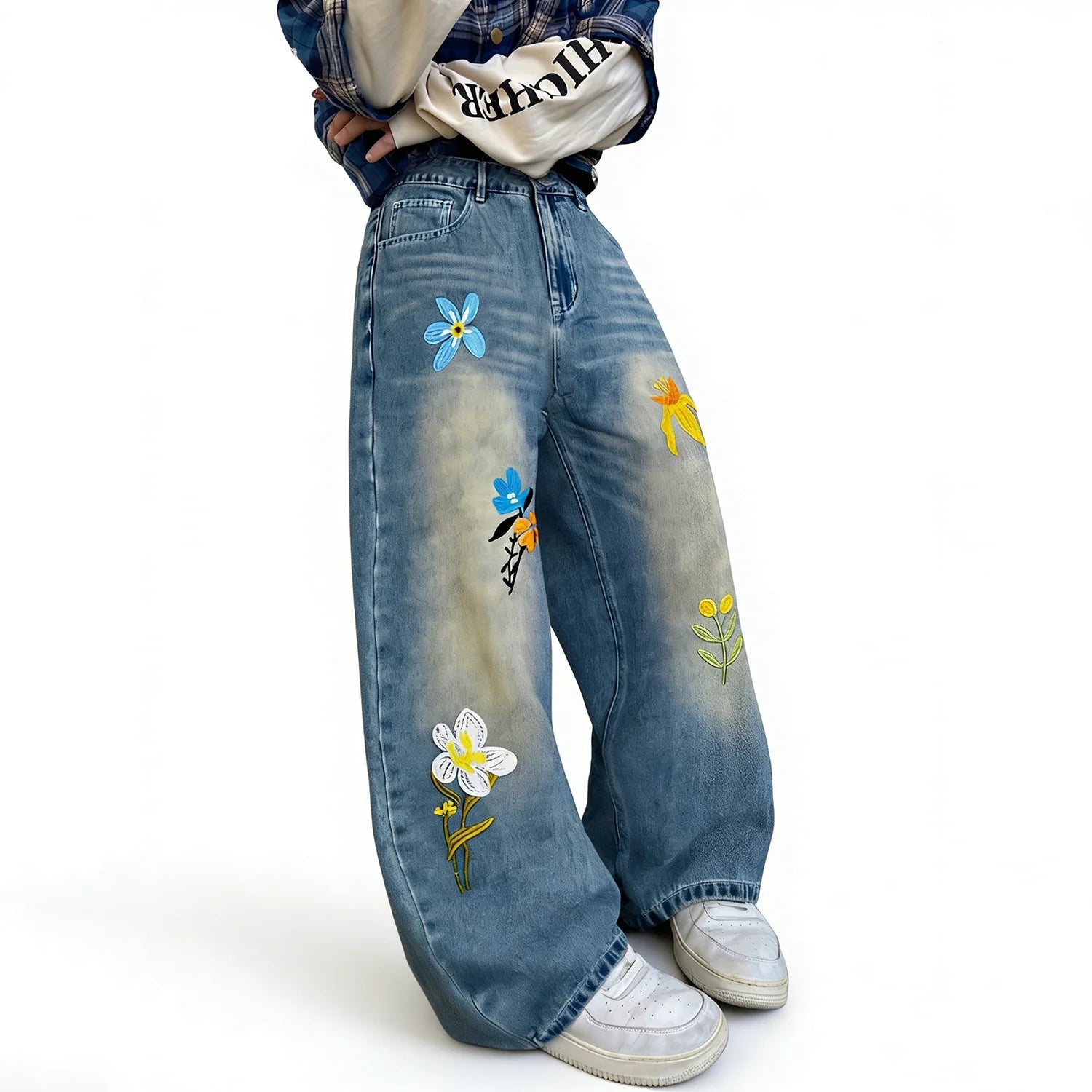 Embroidery Flower Straight Leg Jeans