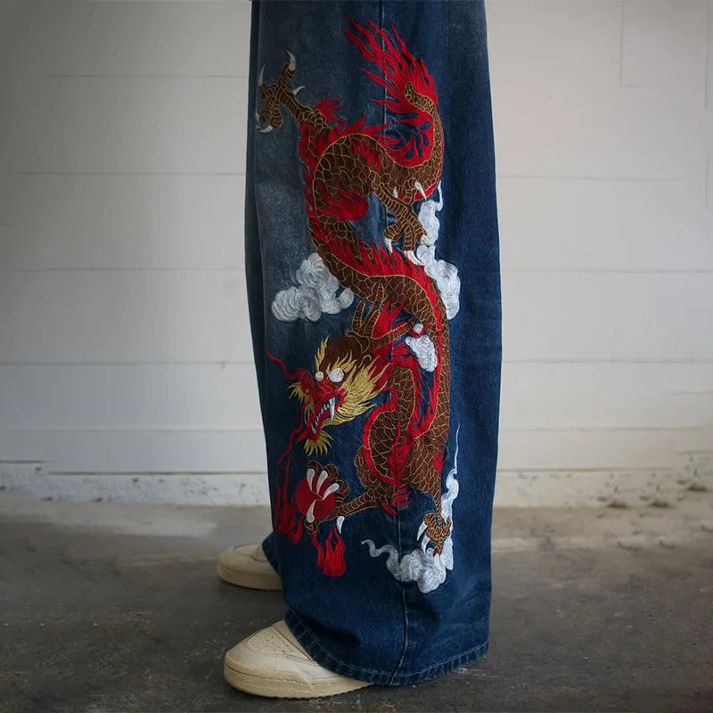 Red Dragon Embroidery Wide Leg Jeans