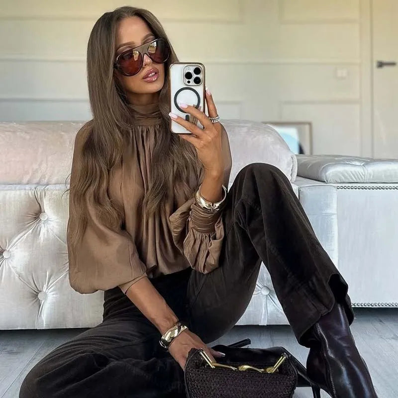 Half High Collar Pleated Long Sleeve Office Shirt