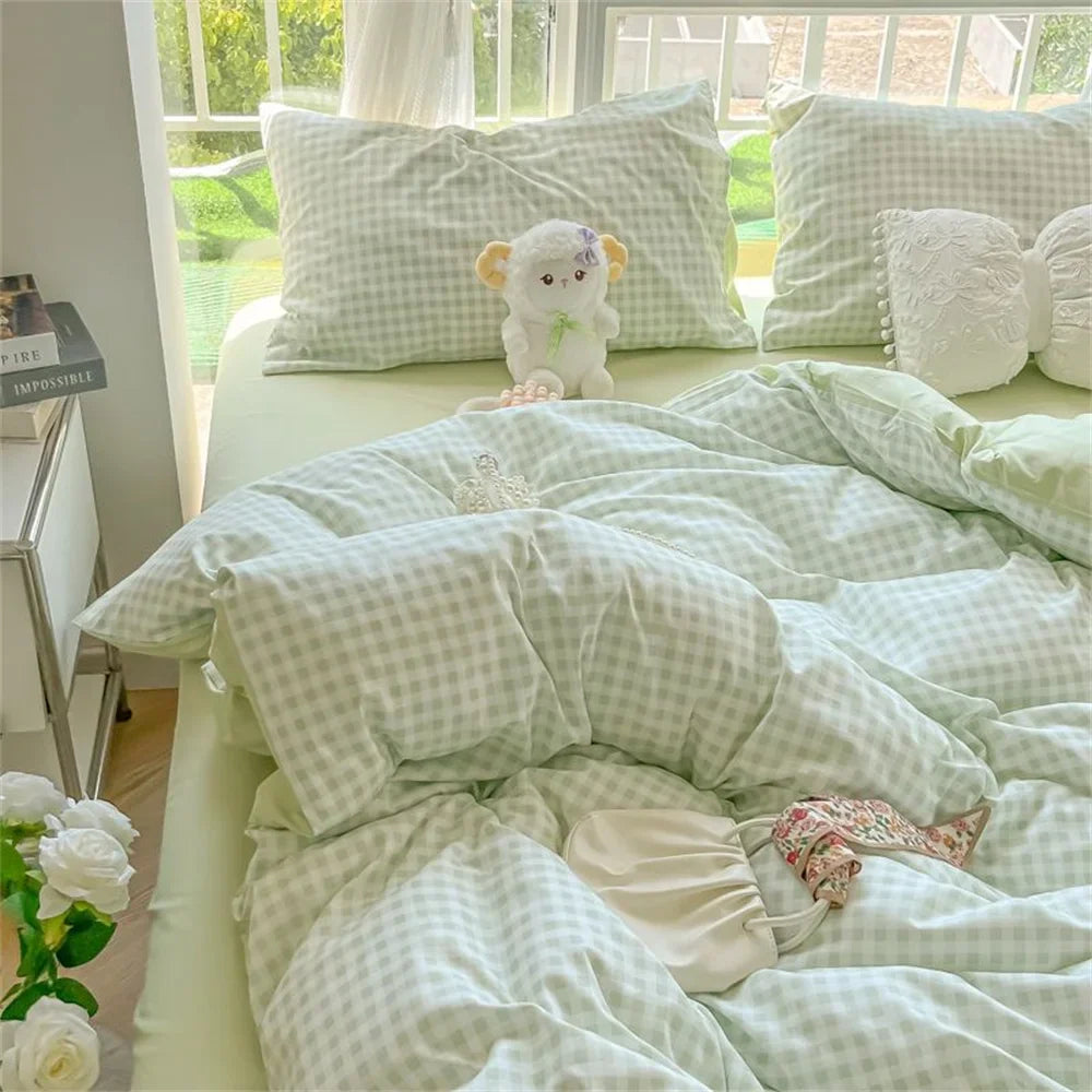 Pink Plaid Bowknot Bedding Set