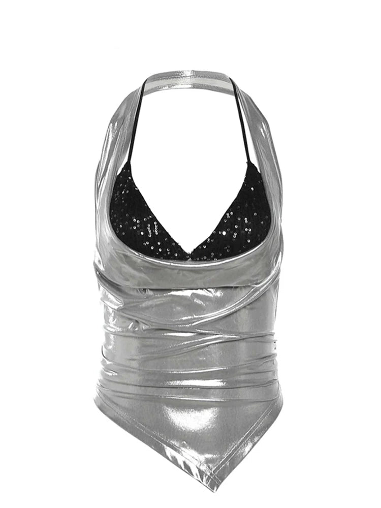 Two Piece Sets Club Party Silver Crop Top