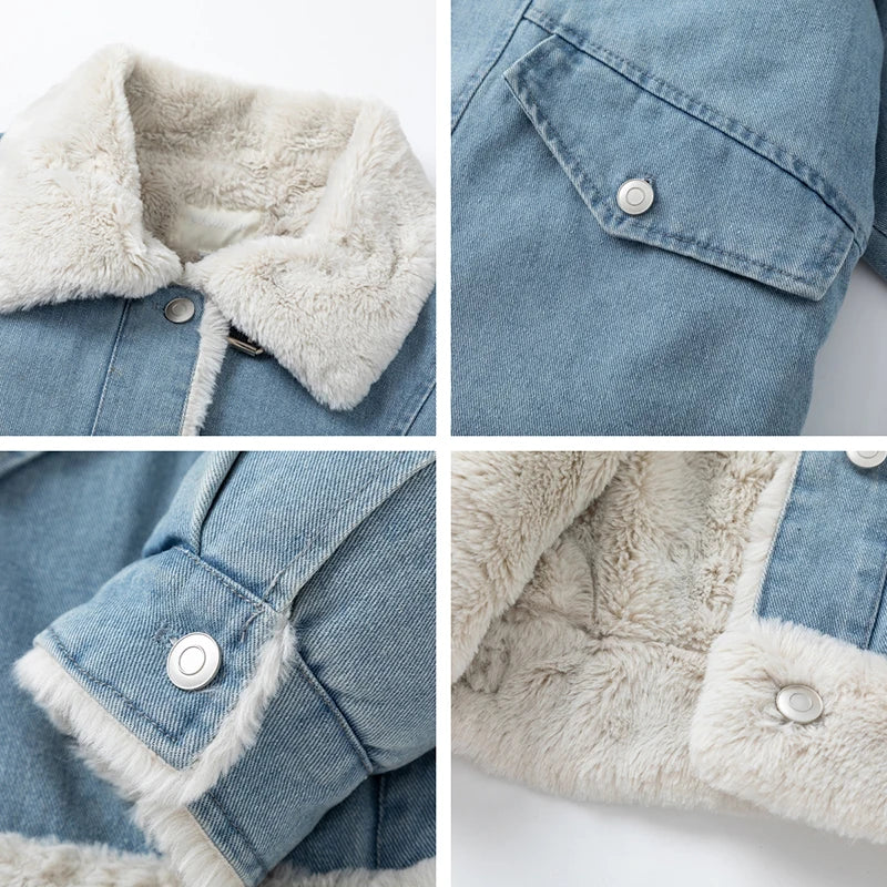 Blue Plush Lady Short Furr Denim Jacket