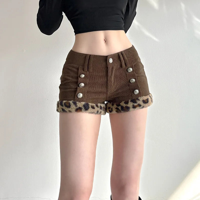 Y2K Baddie Leopard Corduroy Brown Shorts