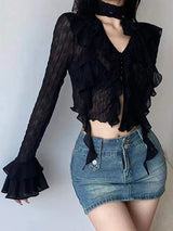 Black Mesh Cropped Blouse