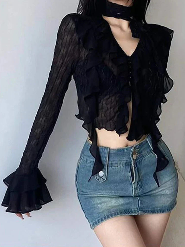 Black Mesh Cropped Blouse