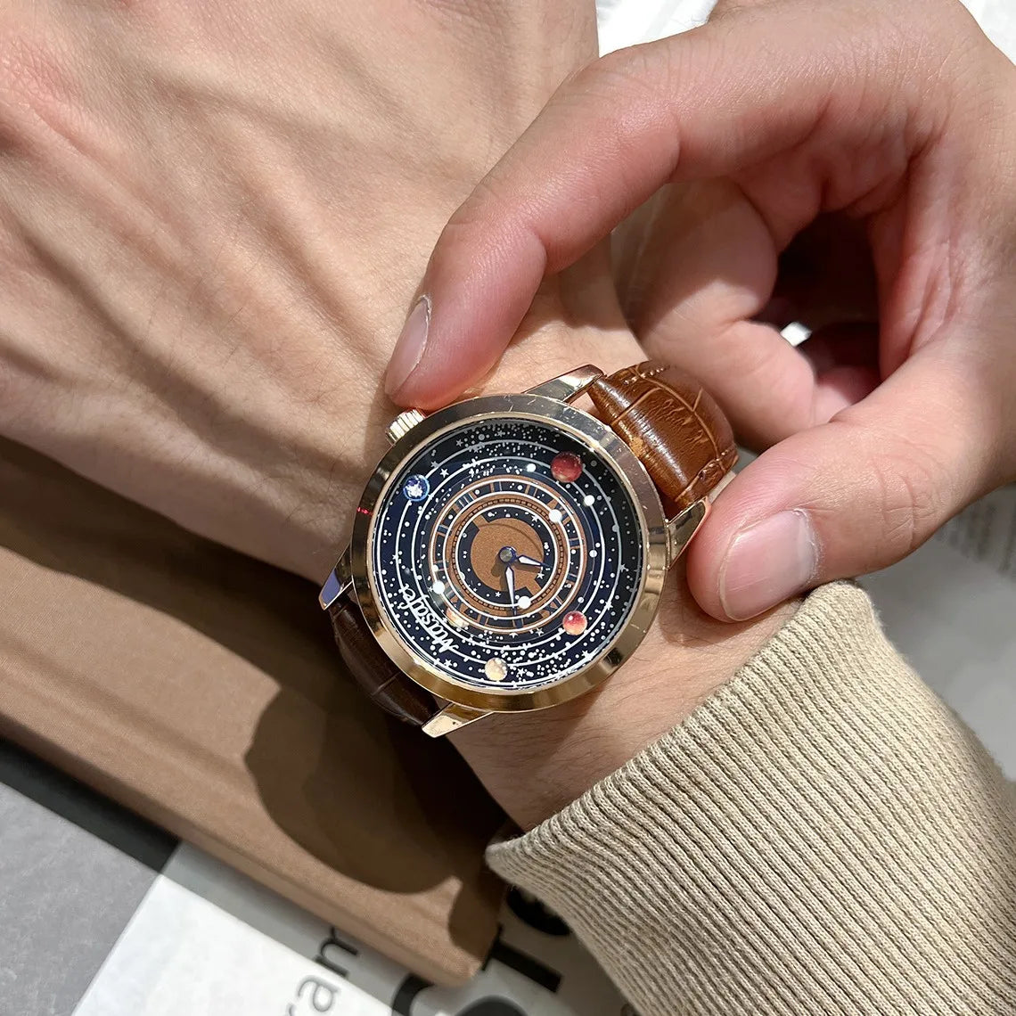Planet Dial Brown Leather Strap Quartz Watch