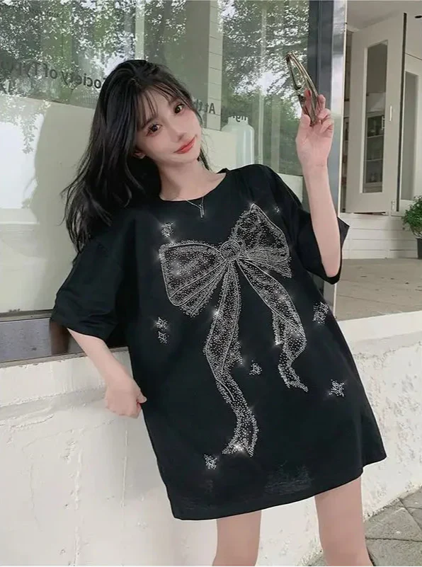 Diamond Bow Shiny Round Neck T-Shirt